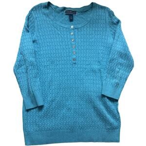 Karen Scott Turquoise Textured Sweater Top Medium 3/4 Sleeve Henley Knit